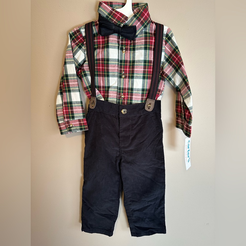 Carter's Kids Plaid Shirt and Black Suspender Pants Set 18m